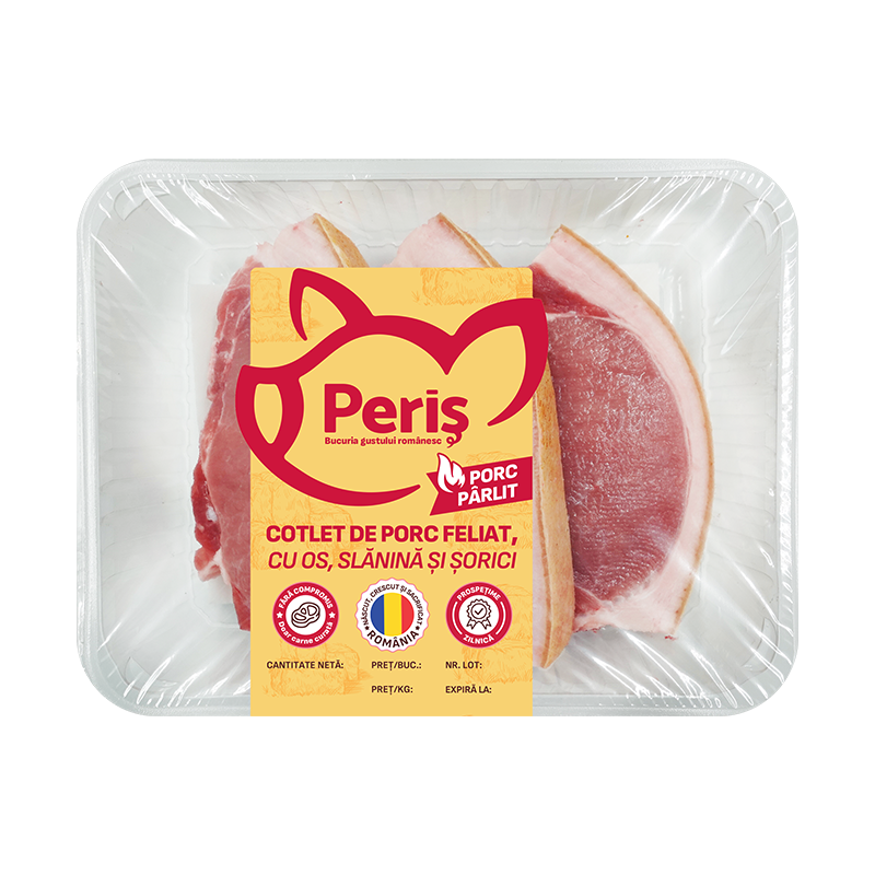 Cotlet de porc feliat, cu os, slănină și șorici (650g)